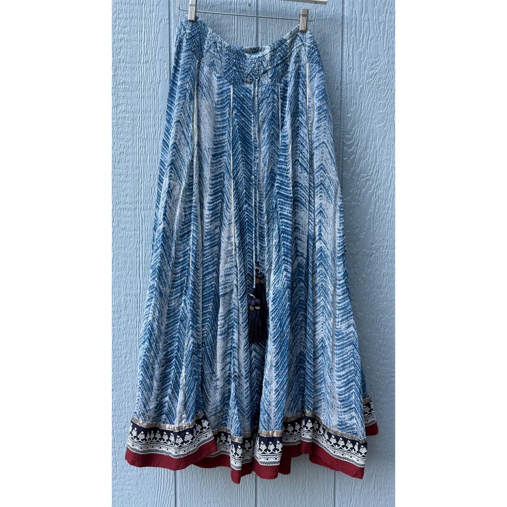 Soft Surroundings Blue White Chevron Maxi Skirt Tassels Embroidered Hem Large